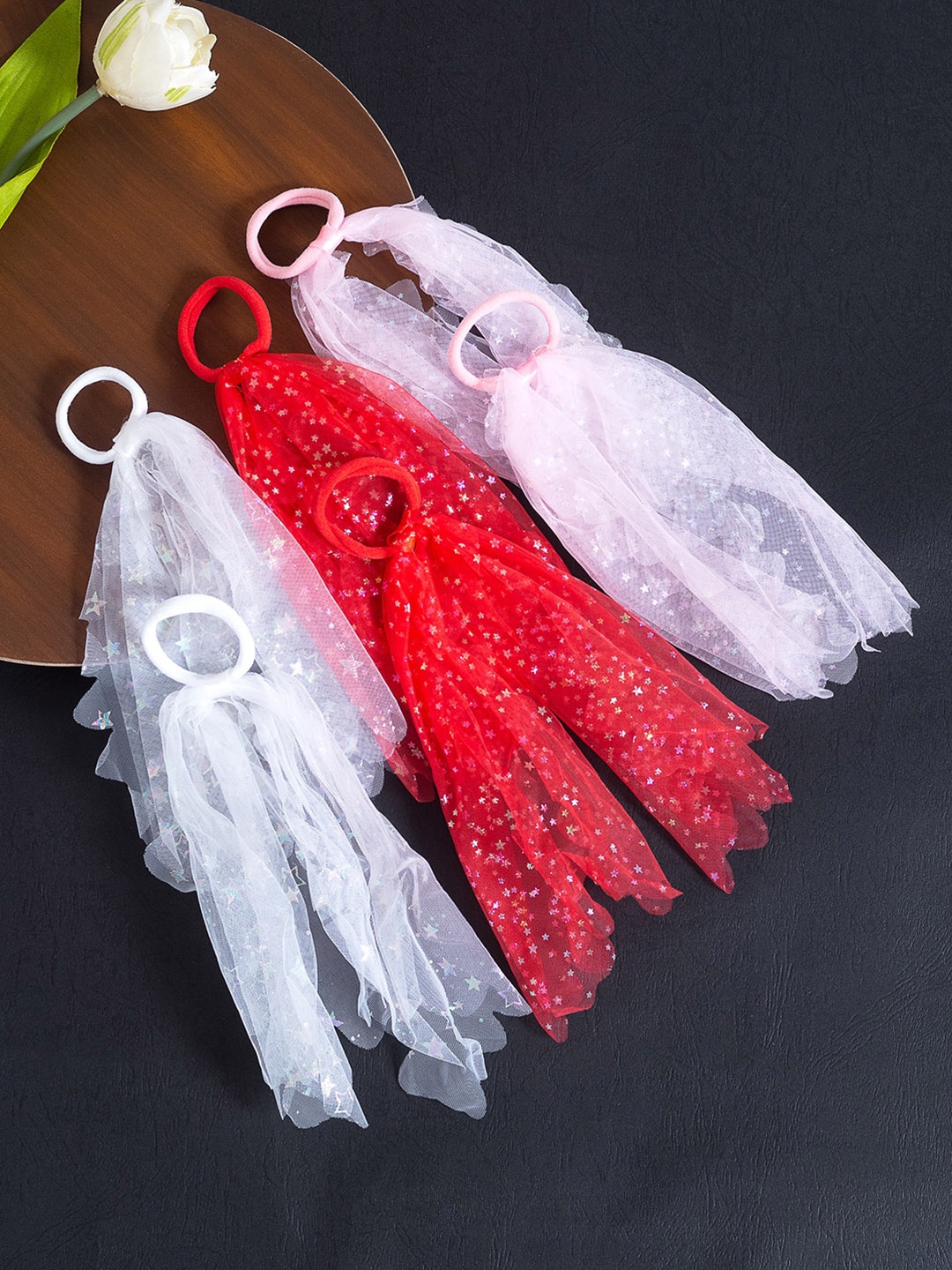 

Golden Peacock Girls Set of 6 White & Red Embellished Ponytail Holders