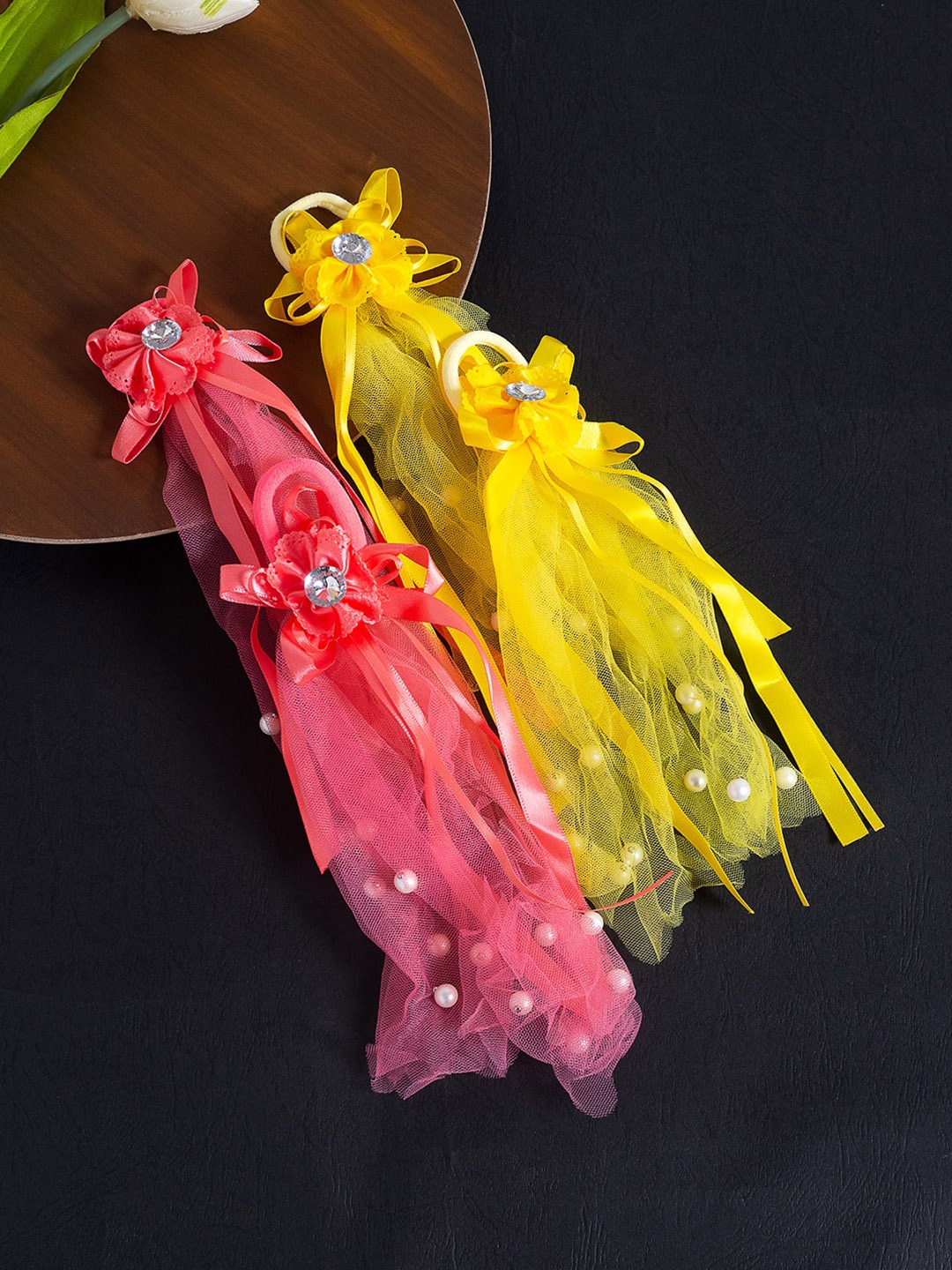 

Golden Peacock Girls Set of 4 Yellow & Pink Lace Ponytail Holders