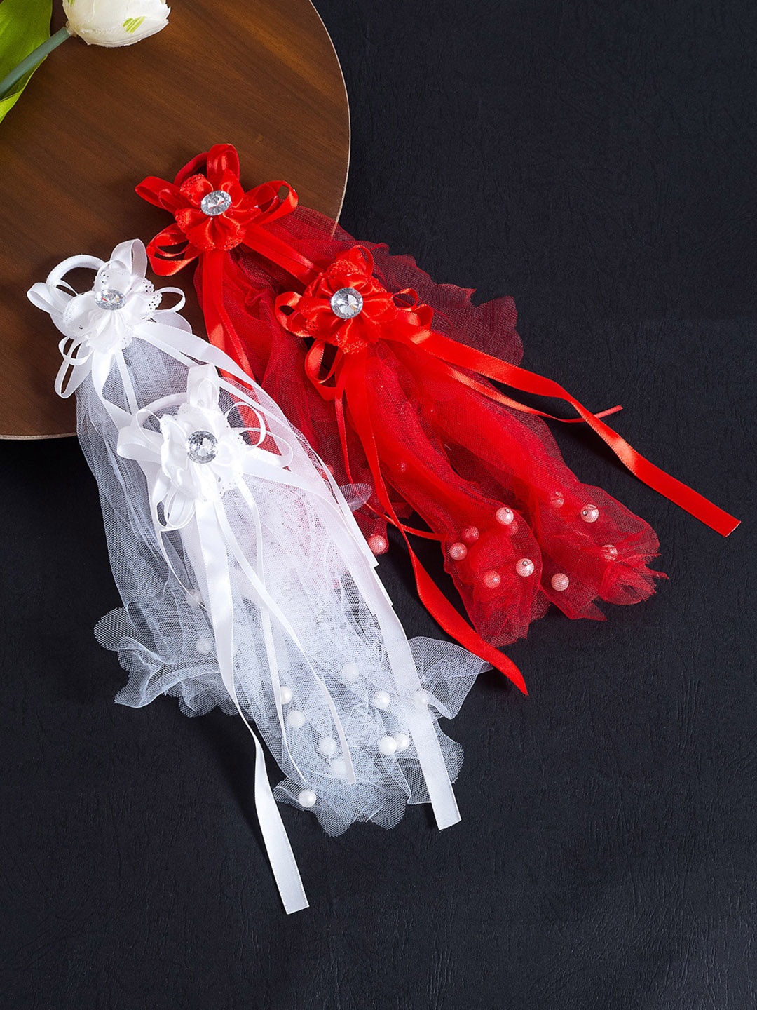 

Golden Peacock Girls Set of 4 White & Red Lace Ponytail Holders