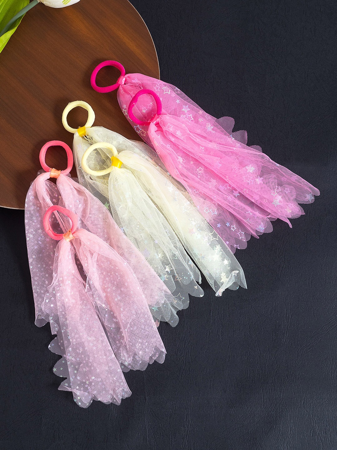 

Golden Peacock Girls Set of 6 White & Pink Lace Ponytail Holders