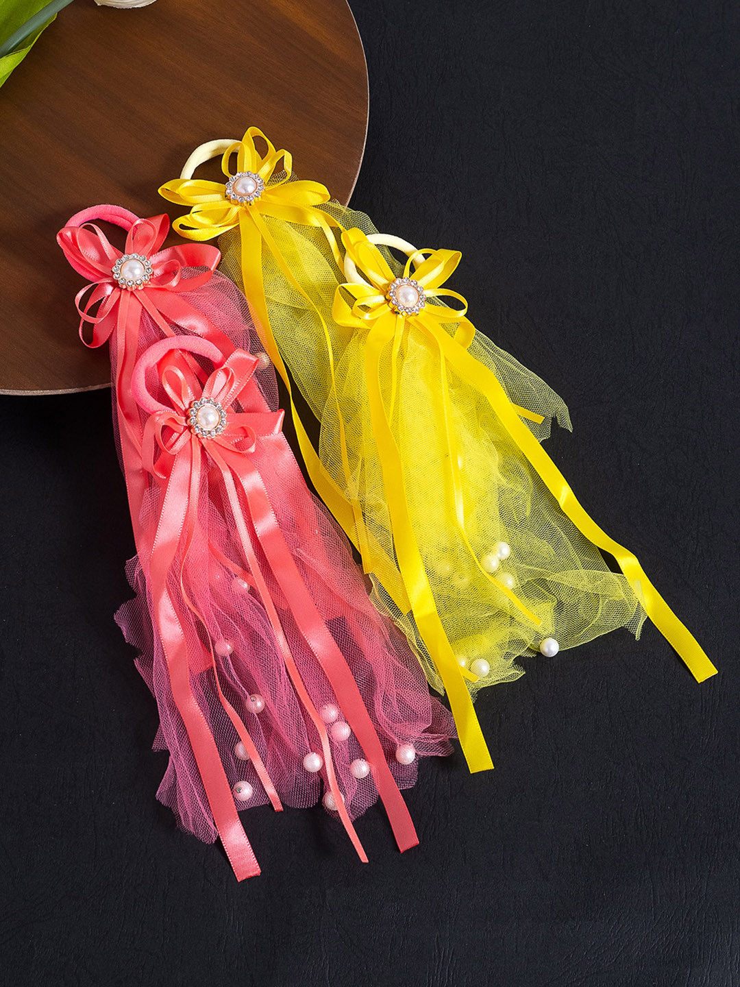 

Golden Peacock Girls Set of 4 Pink & Yellow Lace Ponytail Holders