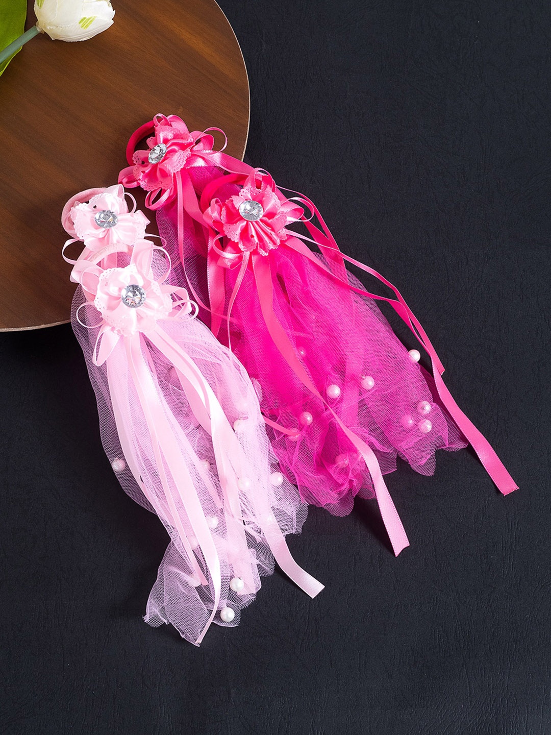 

Golden Peacock Girls Set of 4 Pink & Rose Lace Ponytail Holders
