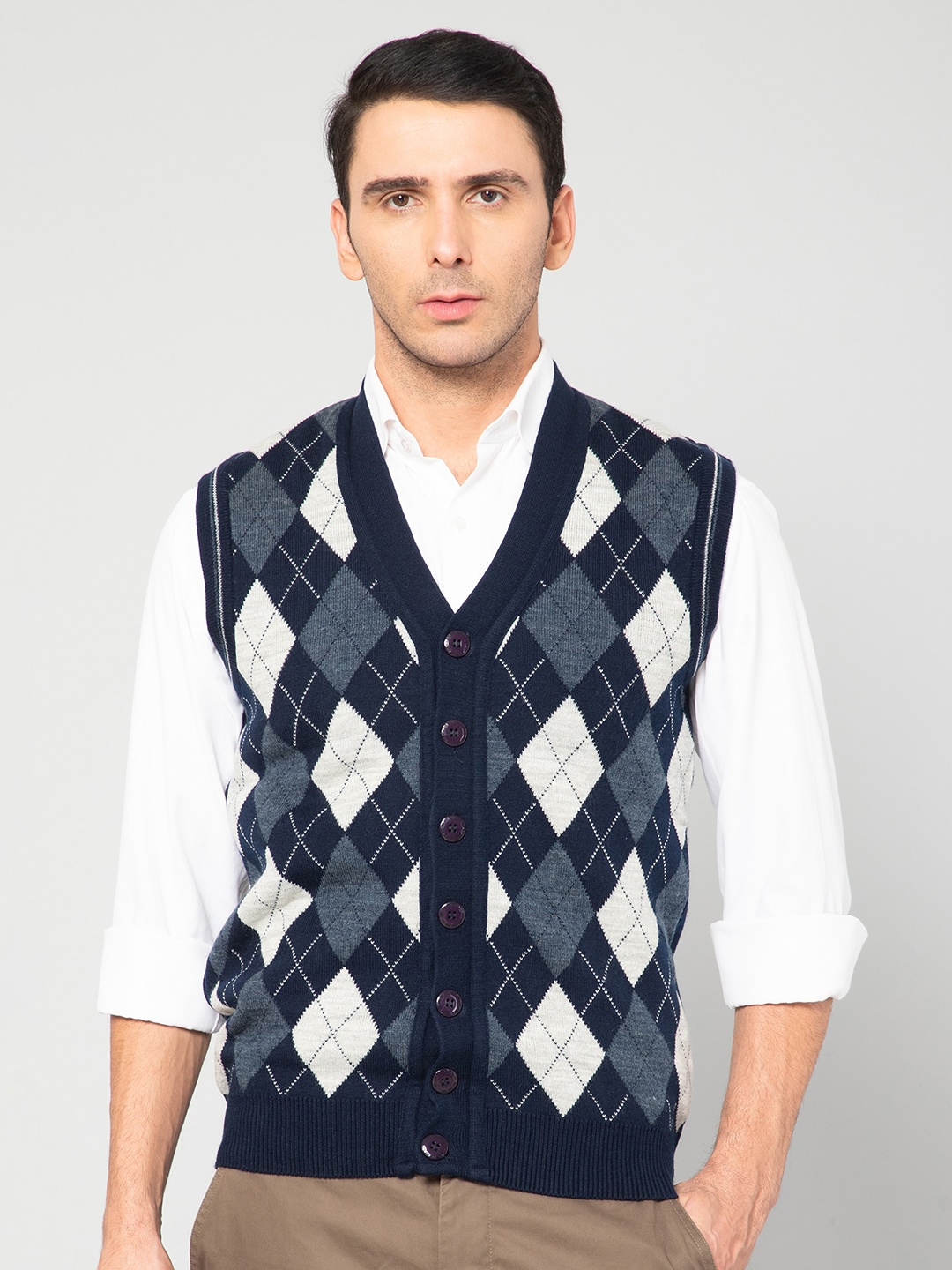 

Cantabil Men Navy Blue & White Acrylic Sweater Vest