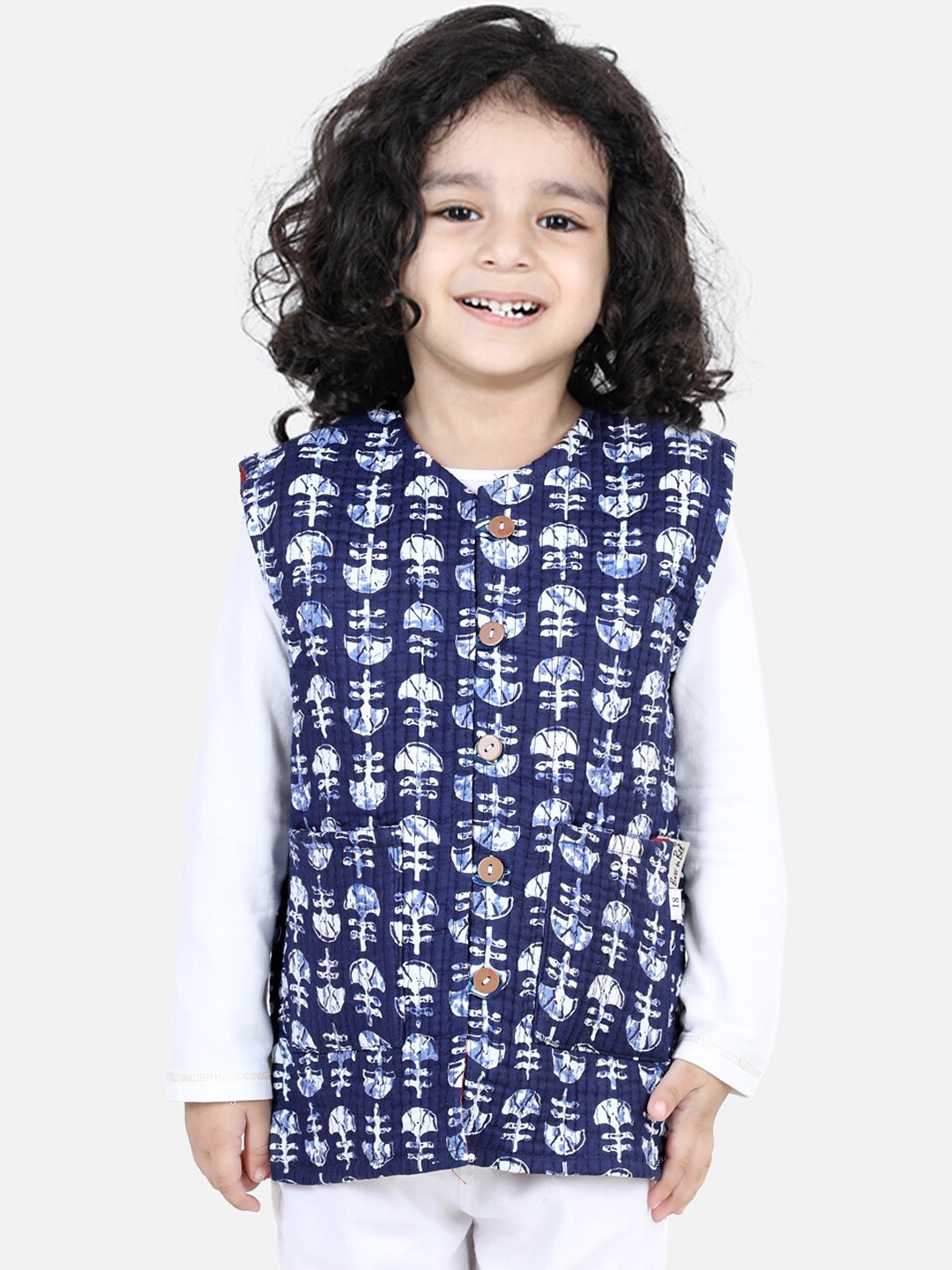 

BownBee Boys Printed Cotton Reversible Nehru Jacket, Navy blue