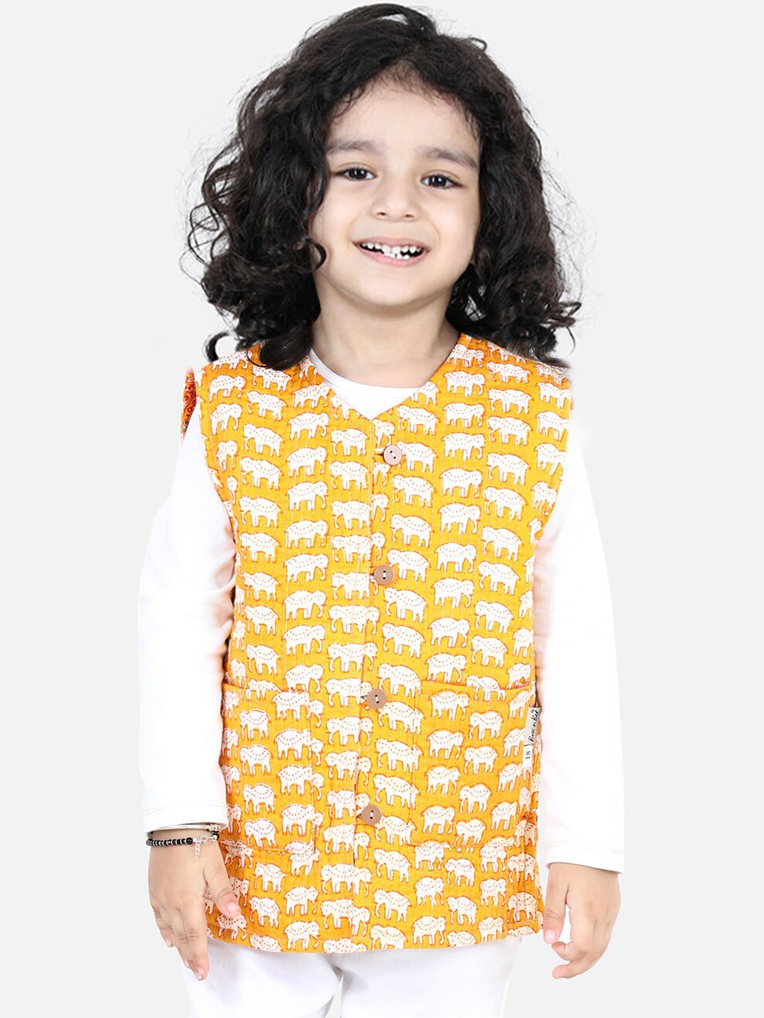 

BownBee Boys Printed Cotton Reversible Nehru Jacket, Yellow
