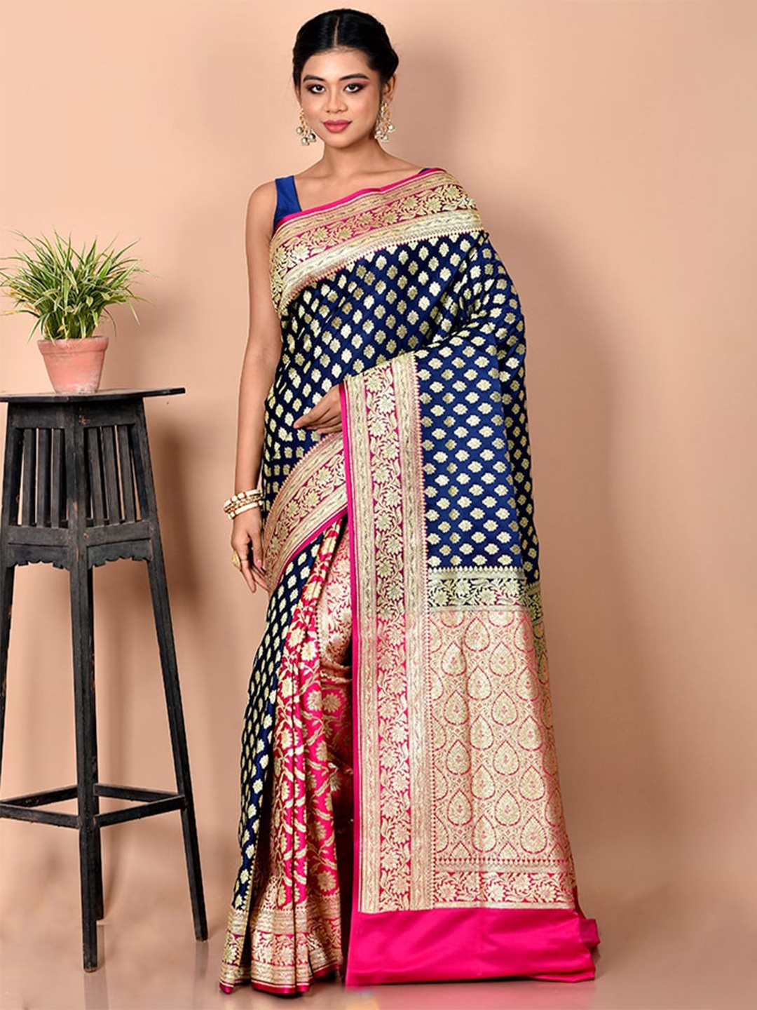 

AllSilks Blue & Pink Ethnic Motifs Zari Silk Blend Banarasi Saree