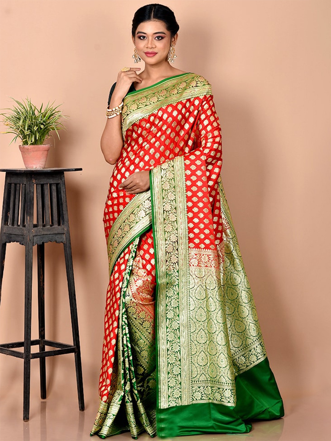 

AllSilks Red & Green Woven Design Zari Silk Blend Banarasi Saree