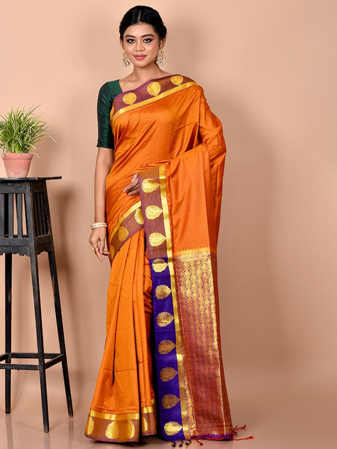 

AllSilks Rust & Blue Woven Design Zari Silk Blend Kanjeevaram Saree