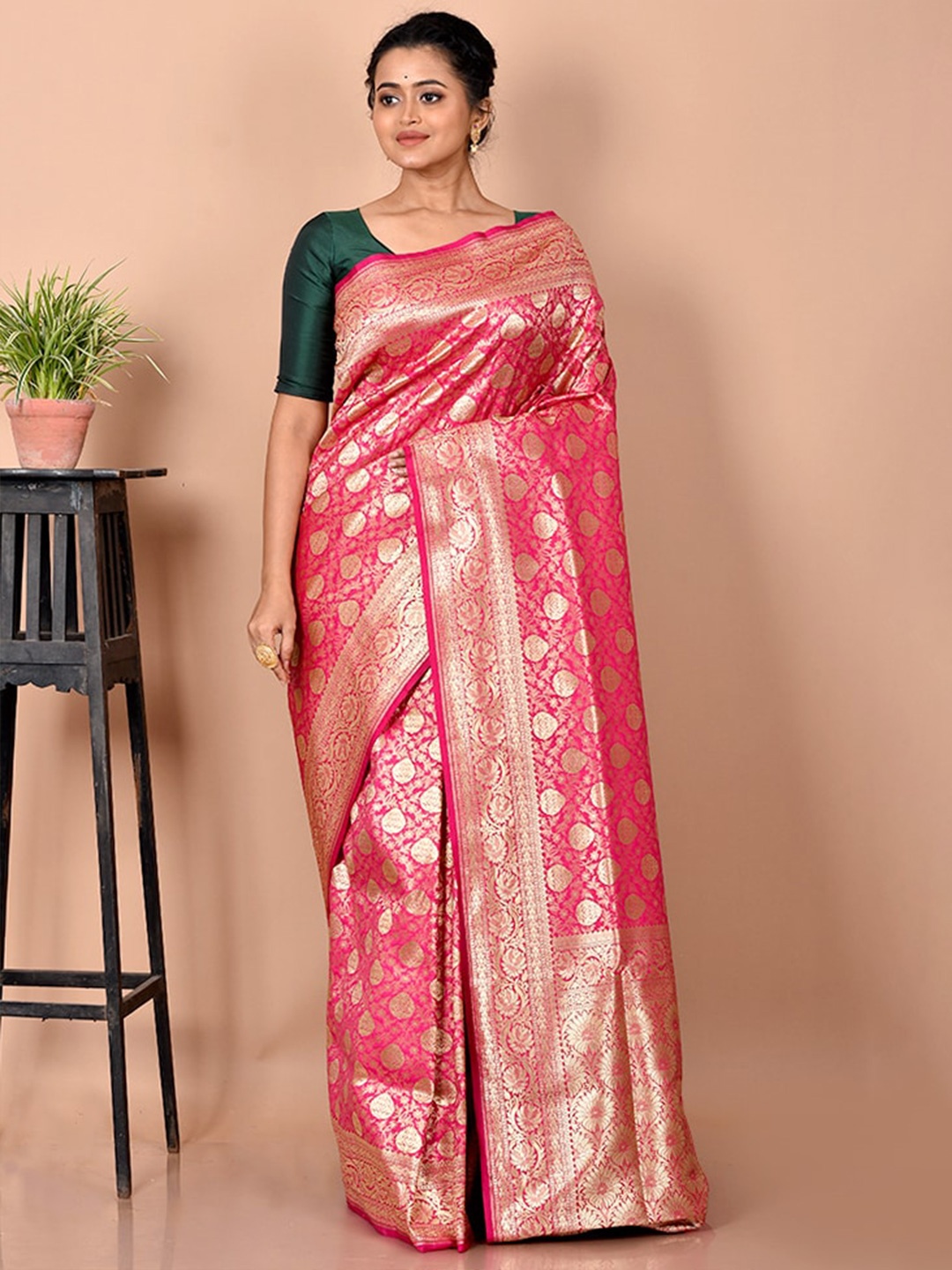 

AllSilks Pink & Gold-Toned Woven Design Zari Silk Blend Uppada Saree