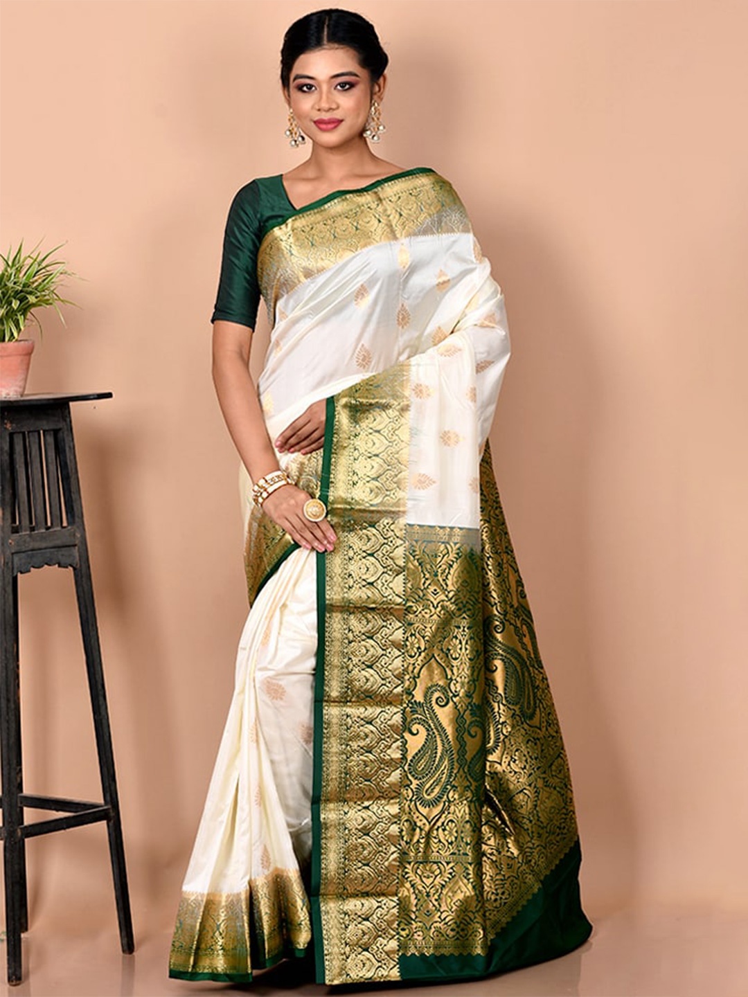 

AllSilks White & Green Woven Design Zari Pure Silk Kanjeevaram Saree