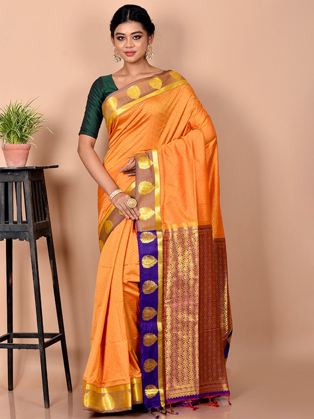 

AllSilks Orange & Gold-Toned Woven Design Zari Silk Blend Kanjeevaram Saree