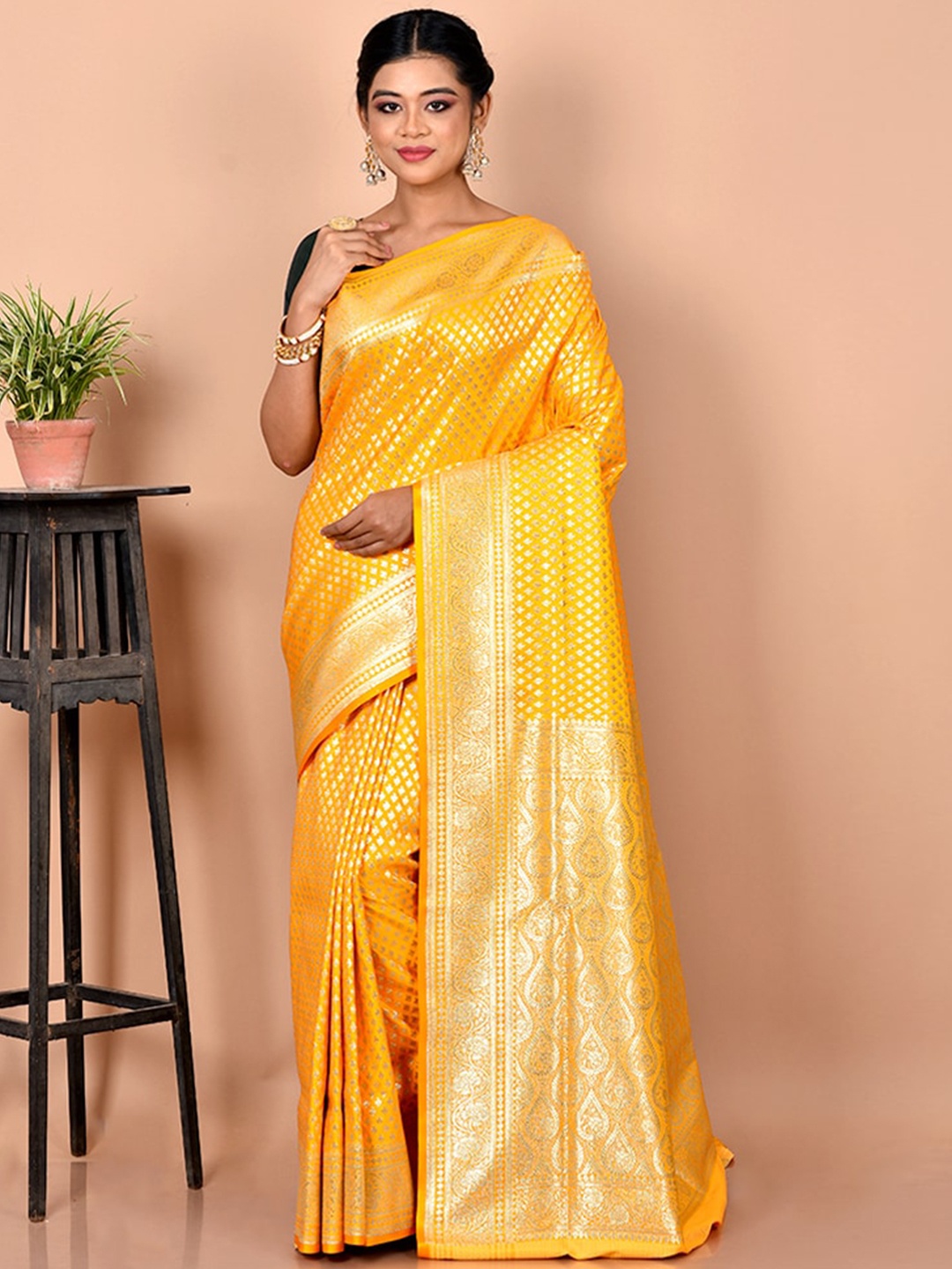 

AllSilks Yellow & Gold-Toned Woven Design Zari Silk Blend Banarasi Saree