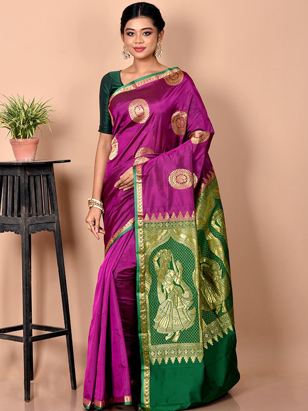 

AllSilks Purple & Green Woven Design Zari Silk Blend Kanjeevaram Saree