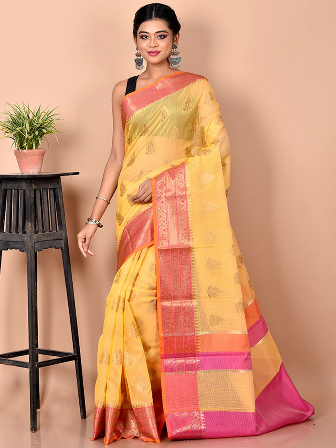 

AllSilks Yellow & Gold-Toned Woven Design Zari Pure Cotton Saree