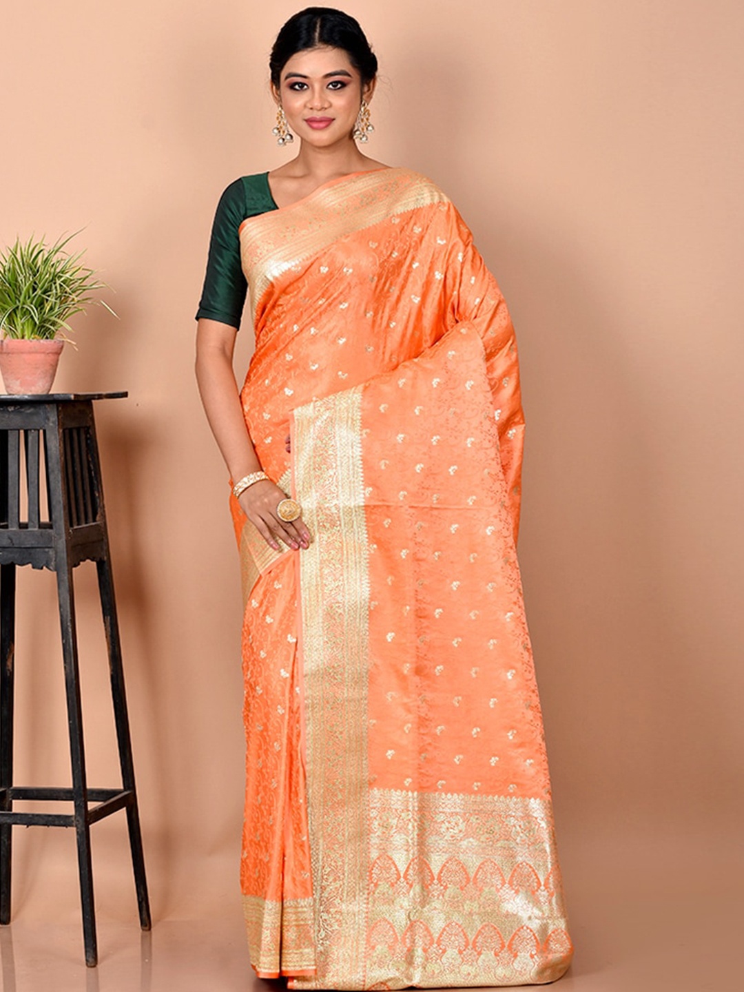 

AllSilks Peach-Coloured & Gold-Toned Woven Design Zari Silk Blend Banarasi Saree