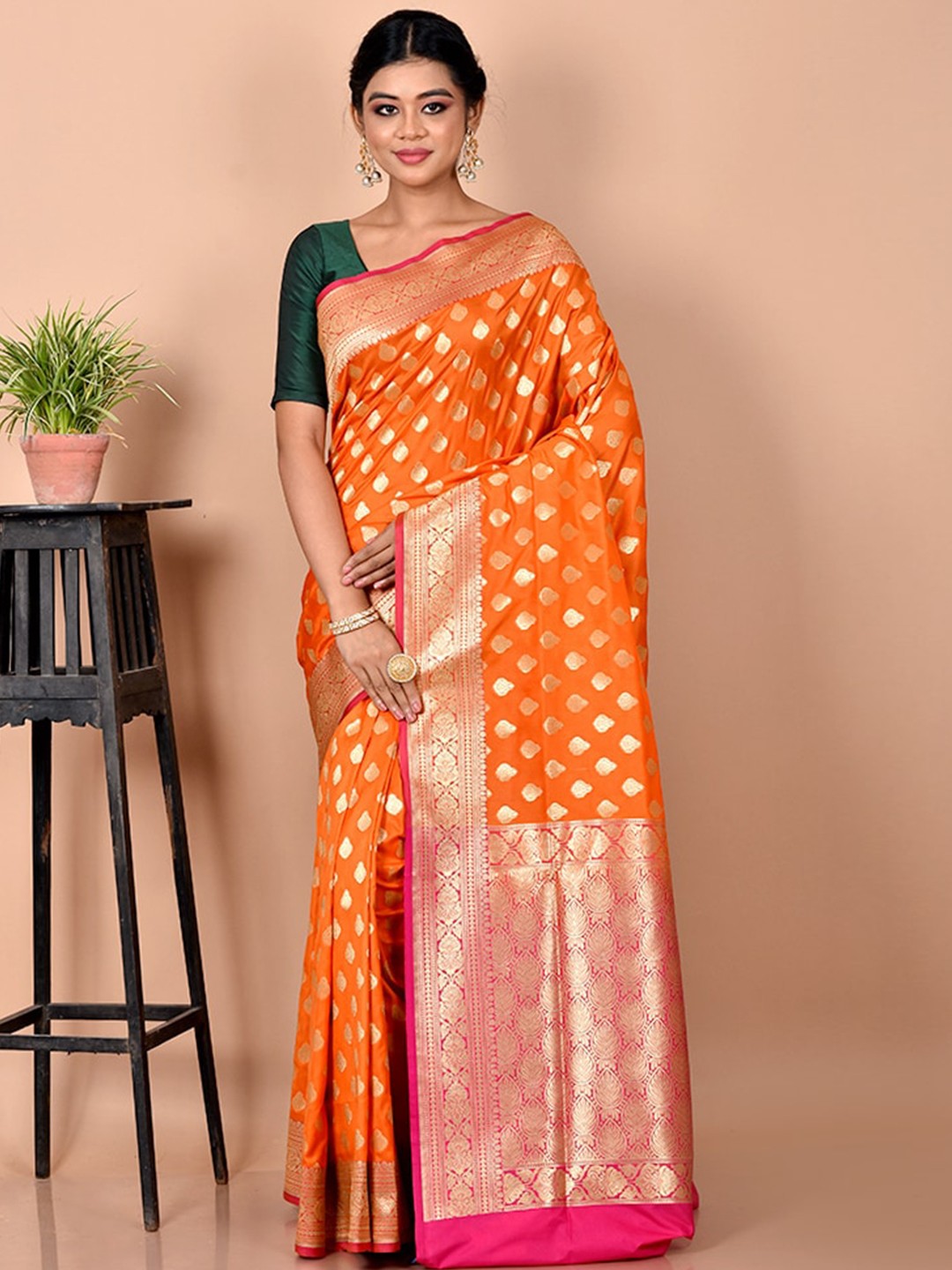 

AllSilks Orange & Gold-Toned Woven Design Zari Silk Blend Uppada Saree