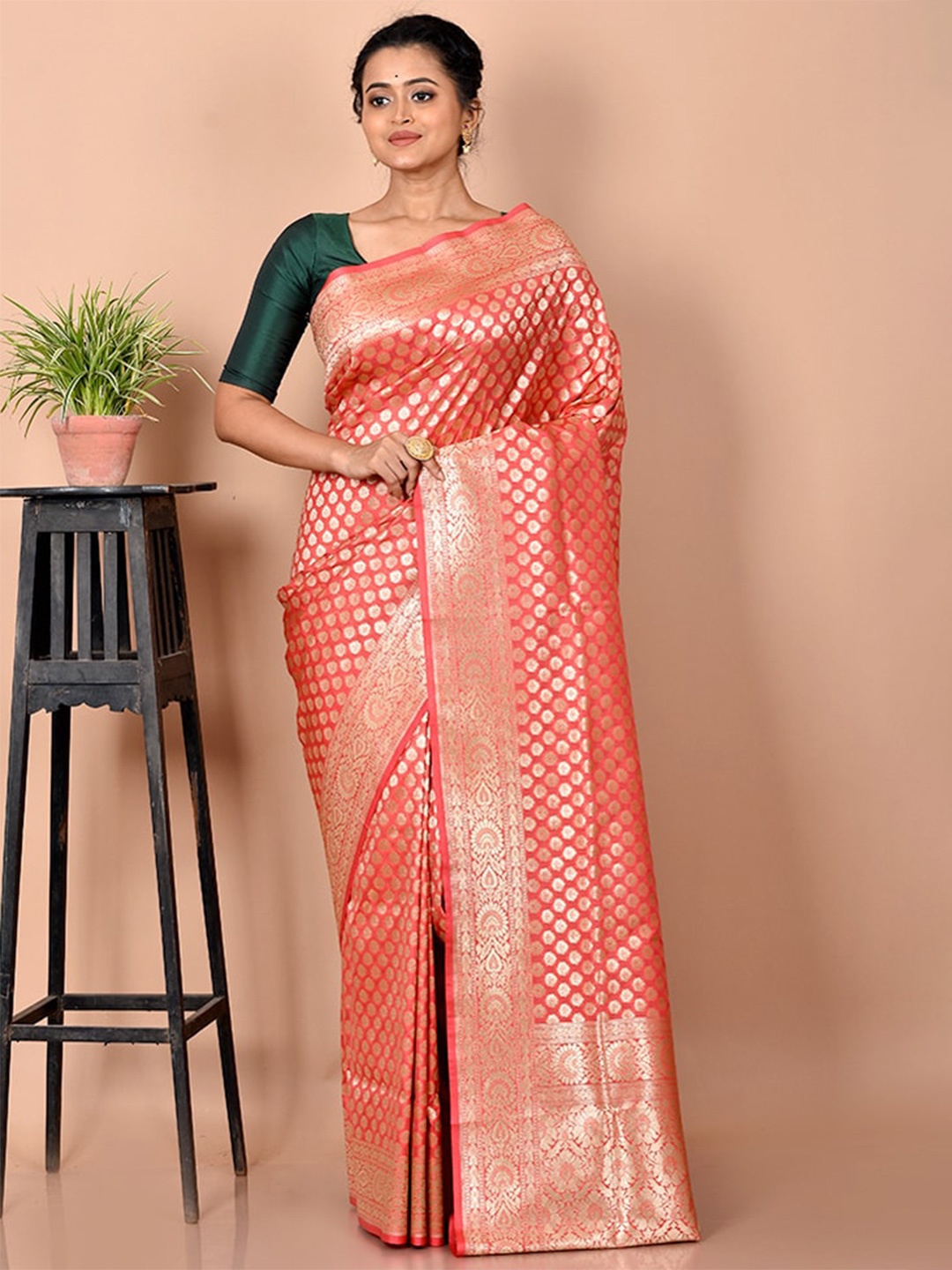 

AllSilks Pink & Gold-Toned Woven Design Zari Silk Blend Uppada Saree
