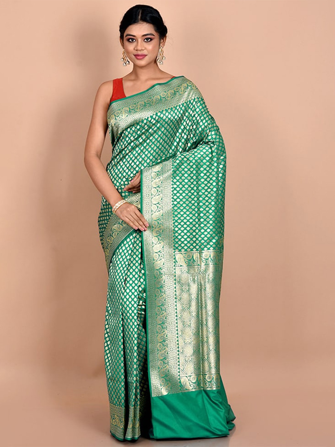 

AllSilks Sea Green & Gold-Toned Woven Design Zari Silk Blend Uppada Saree