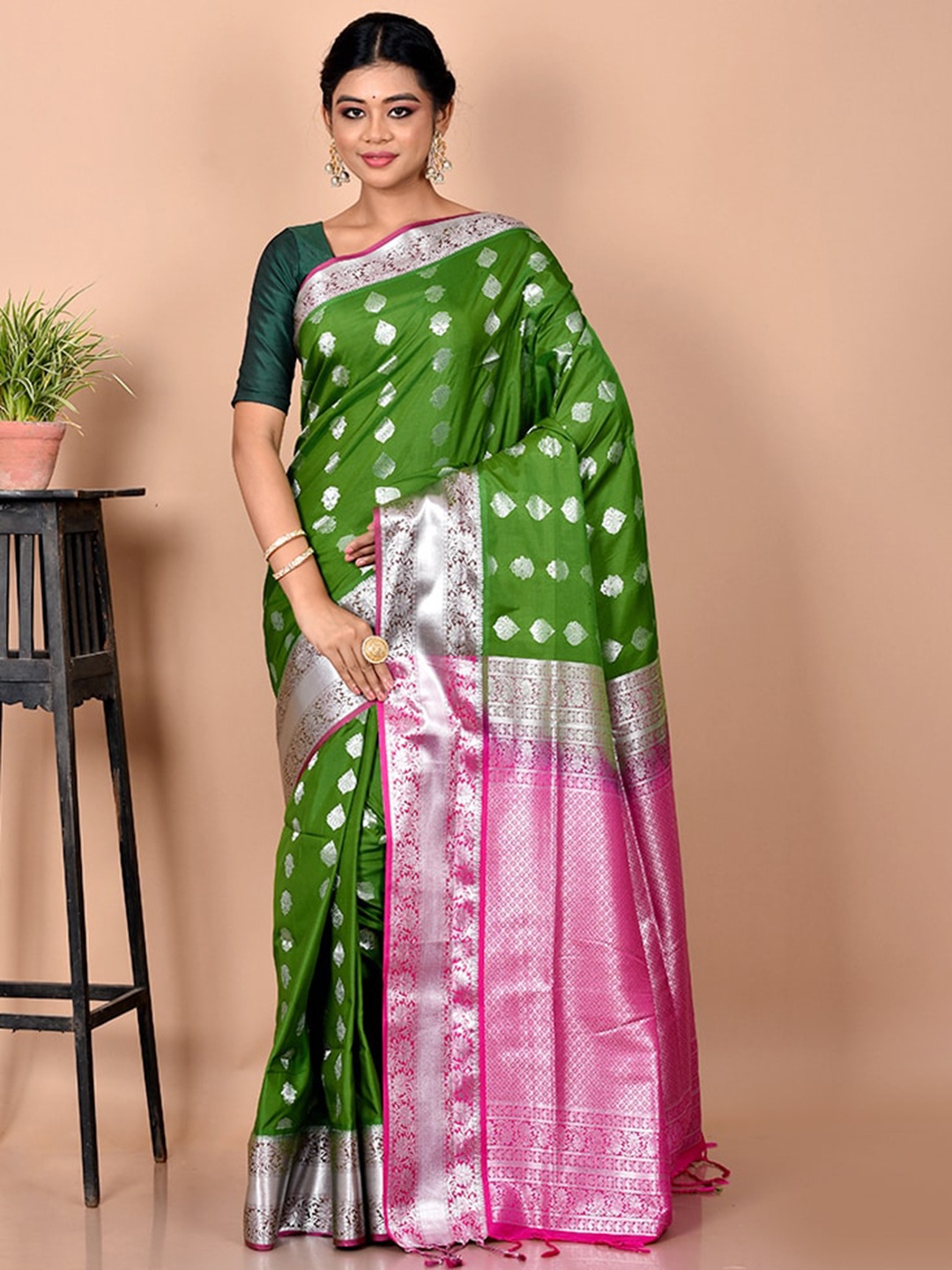 

AllSilks Green & Pink Woven Design Zari Silk Blend Kanjeevaram Saree
