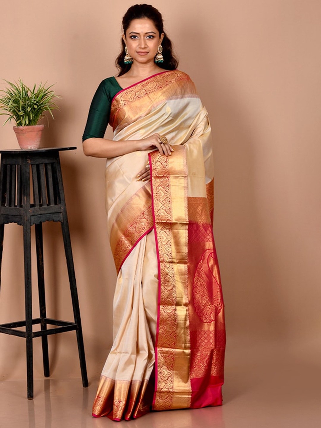 

AllSilks Off White & Red Woven Design Zari Pure Silk Kanjeevaram Saree