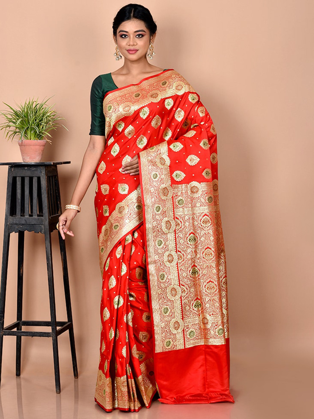 

AllSilks Red & Blue Ethnic Motifs Zari Silk Blend Banarasi Saree