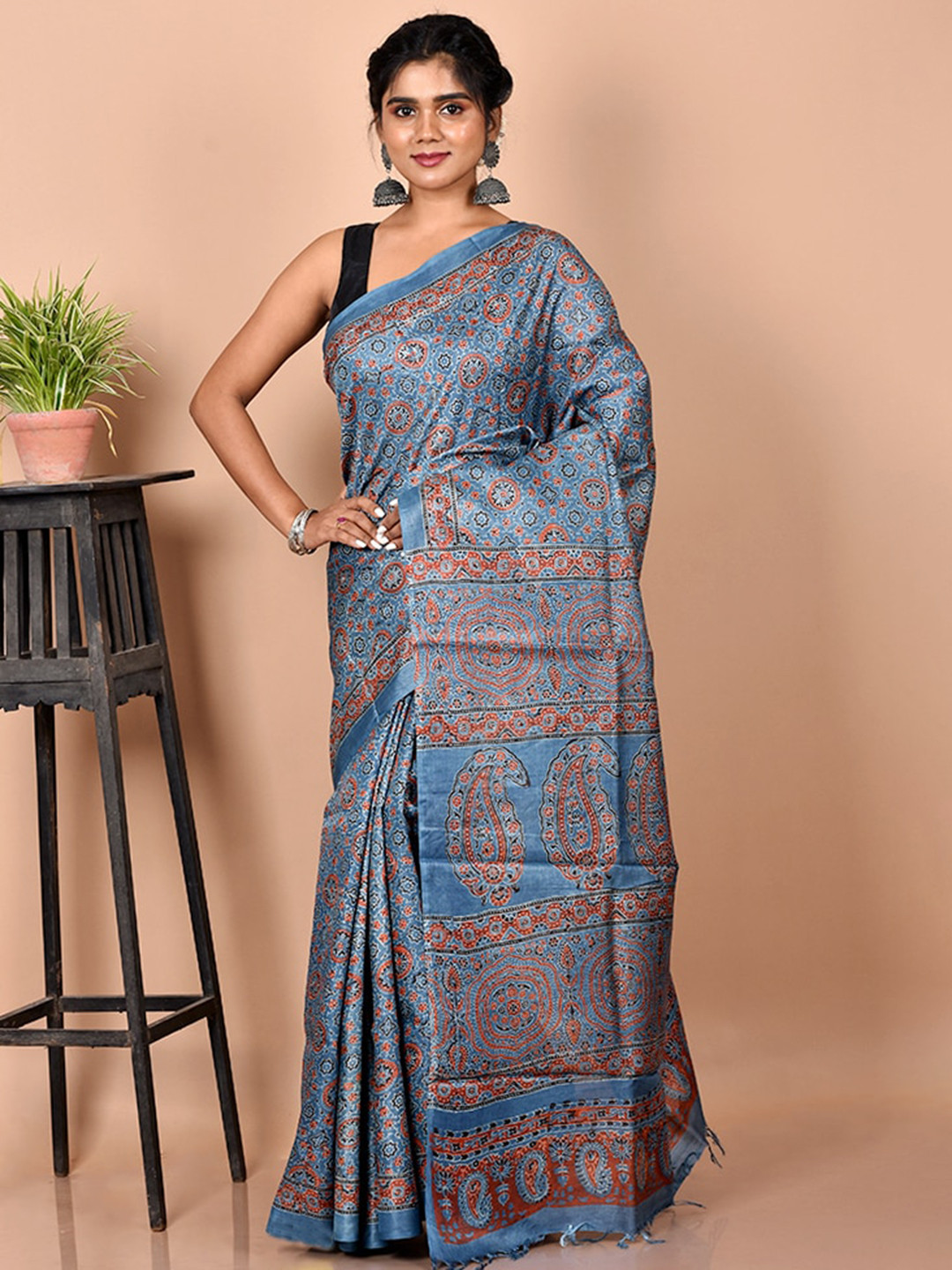 

AllSilks Blue & Red Pure Silk Tussar Saree