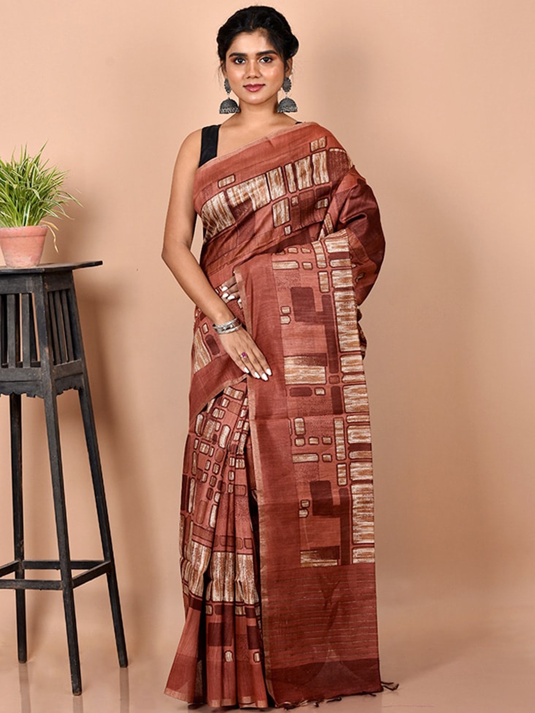 

AllSilks Brown & White Silk Blend Tussar Saree