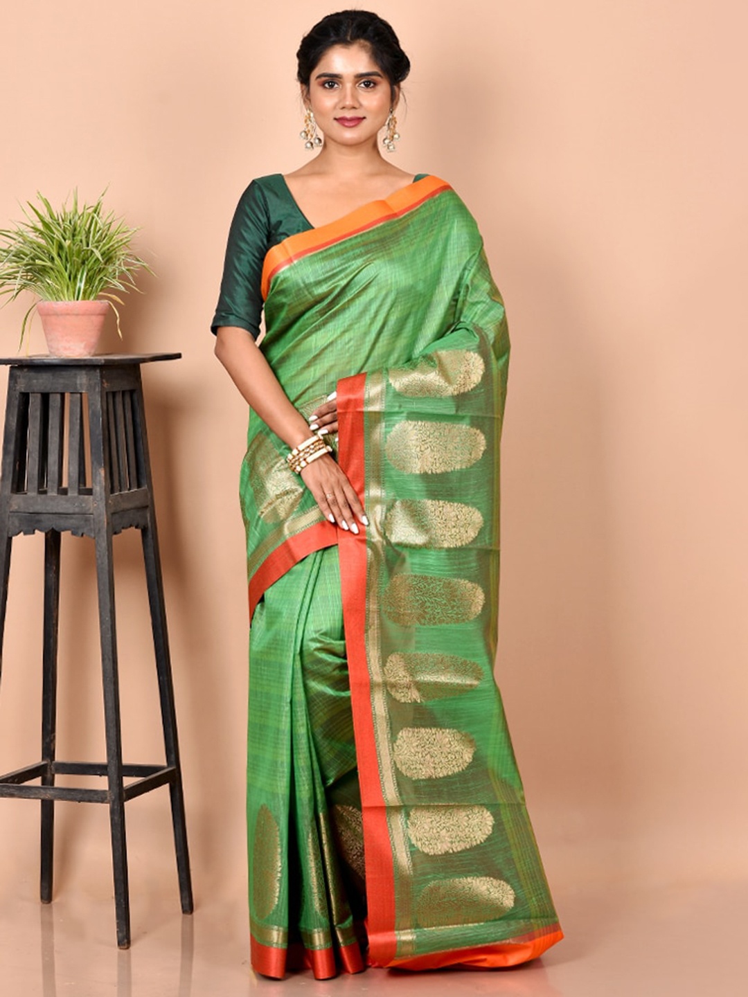 

AllSilks Green & Gold-Toned Woven Design Pure Cotton Saree