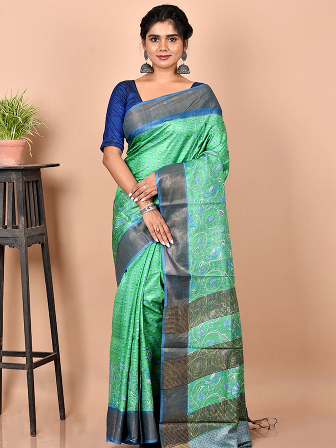 

AllSilks Green & Blue Floral Zari Silk Blend Tussar Saree
