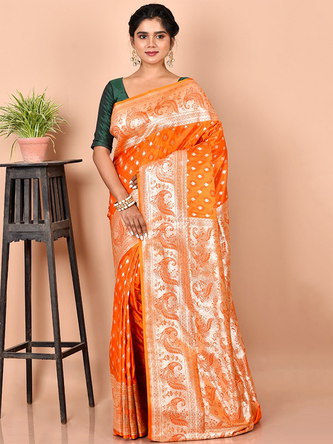 

AllSilks Orange & Gold-Toned Woven Design Zari Silk Blend Banarasi Saree