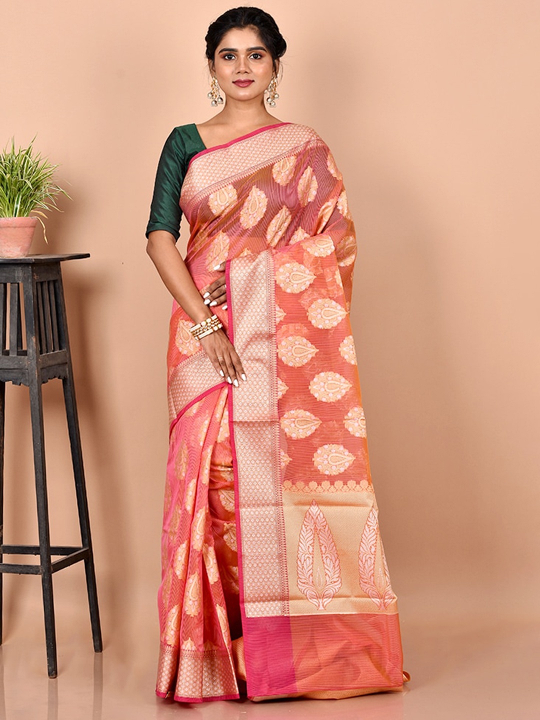 

AllSilks Pink & Grey Woven Design Zari Silk Blend Saree