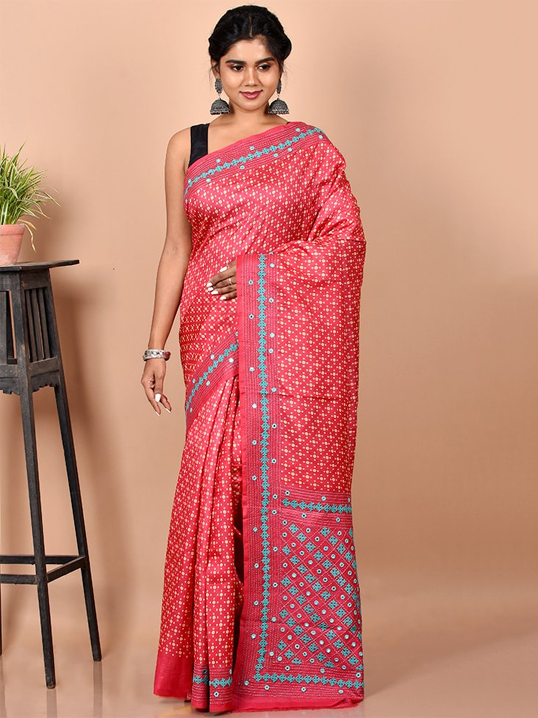 

AllSilks Pink & Blue Pure Silk Tussar Saree