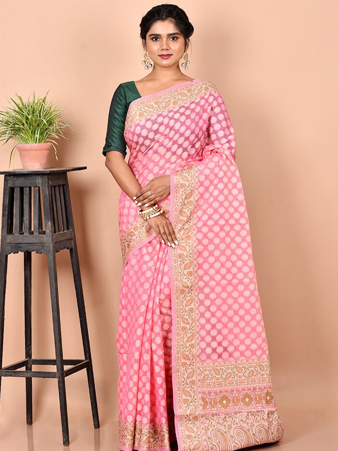 

AllSilks Pink & Gold-Toned Woven Design Zari Silk Blend Saree