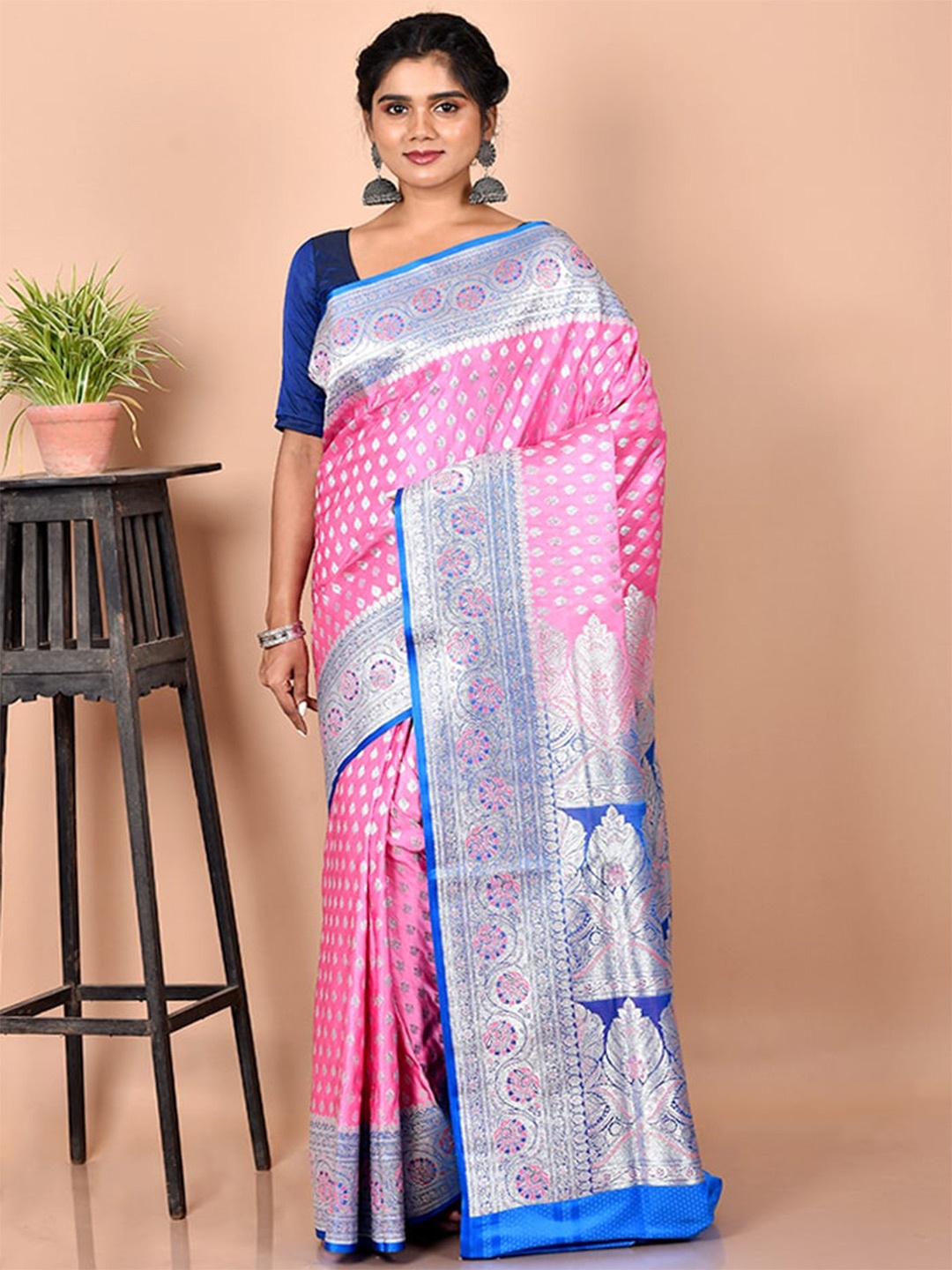 

AllSilks Pink & Blue Woven Design Zari Silk Blend Banarasi Saree