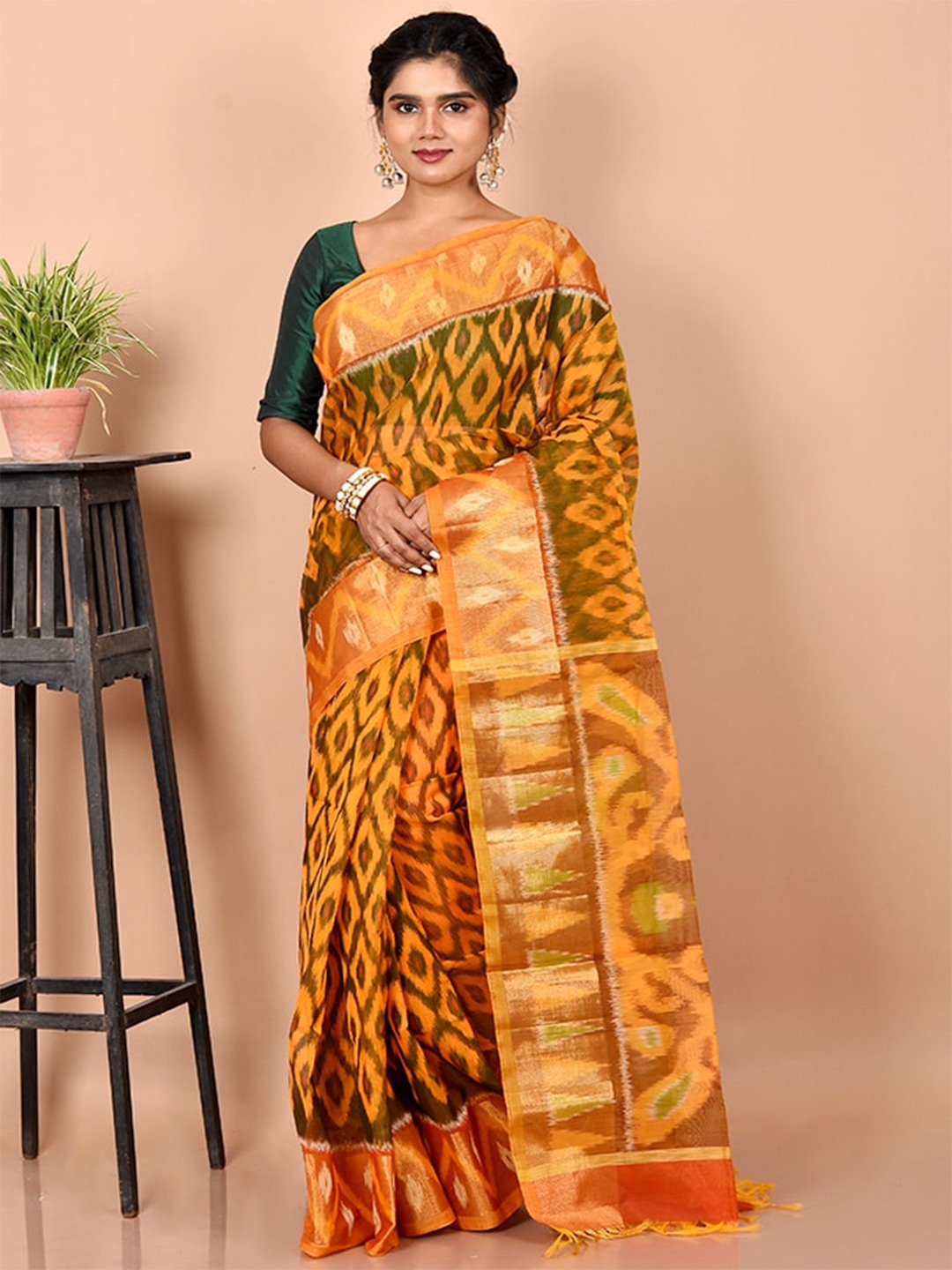 

AllSilks Yellow & Orange Woven Design Zari Pure Cotton Saree