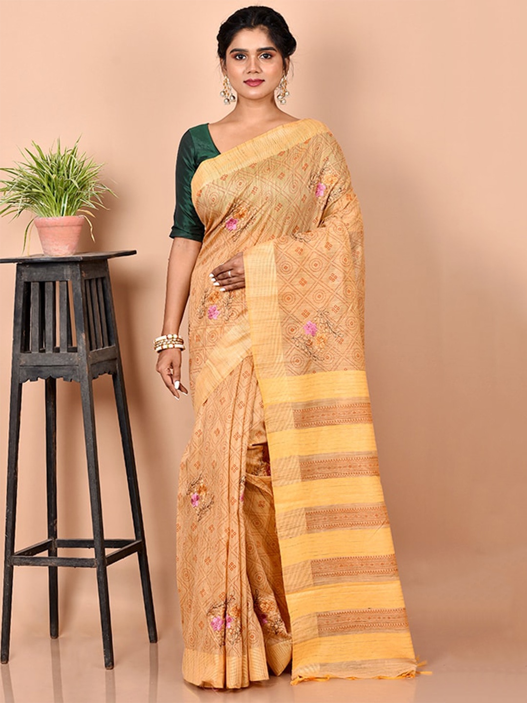 

AllSilks Yellow & Pink Woven Design Pure Cotton Saree