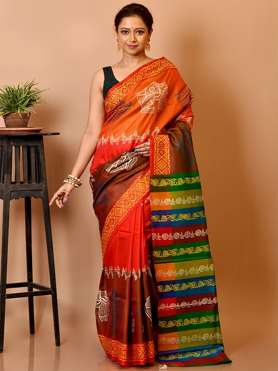 

AllSilks Orange & Green Ethnic Motifs Pure Silk Murshidabad silk Saree