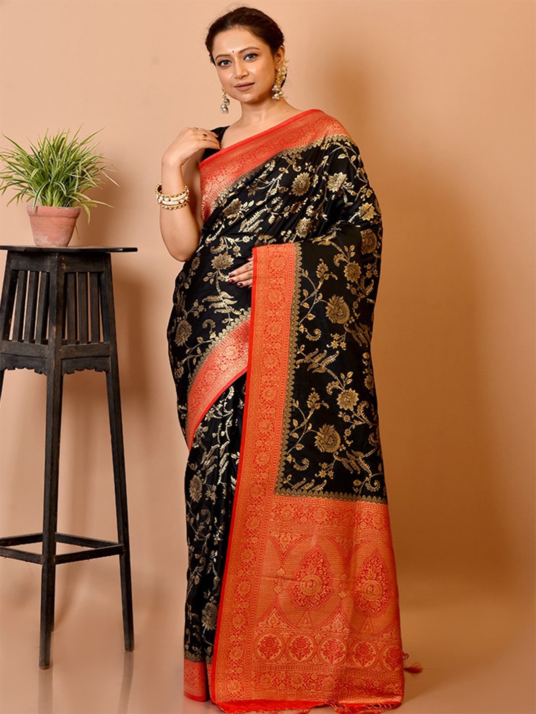 

AllSilks Black & Red Woven Design Zari Silk Blend Saree