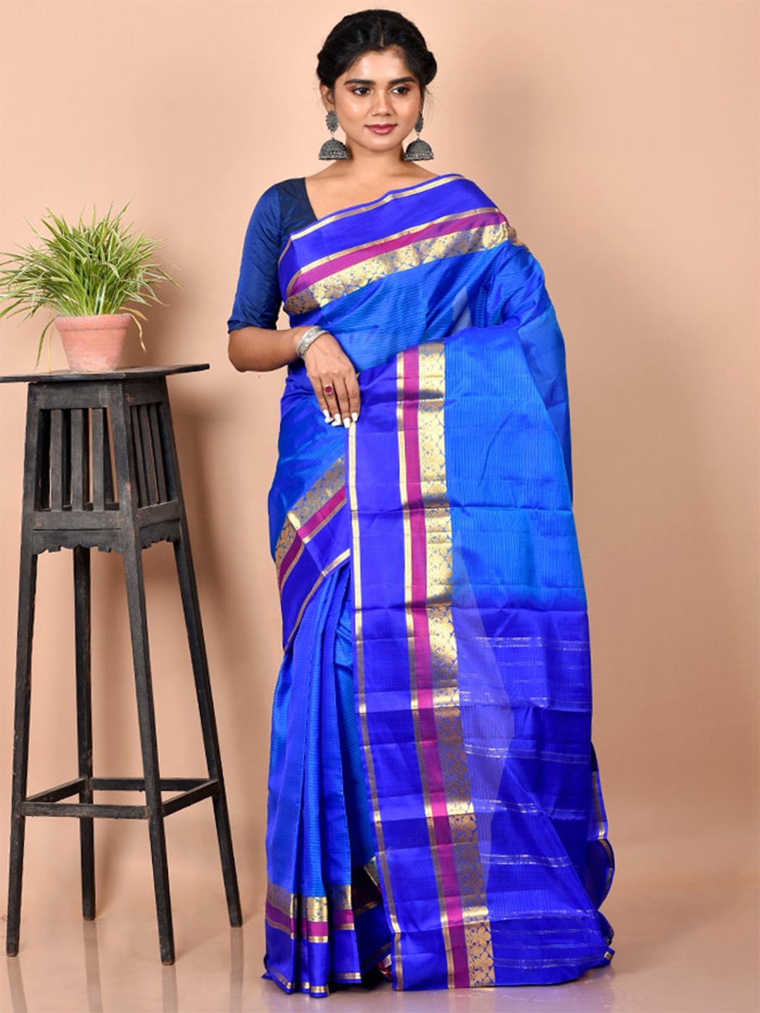 

AllSilks Blue & Gold-Toned Striped Zari Pure Silk Kanjeevaram Saree