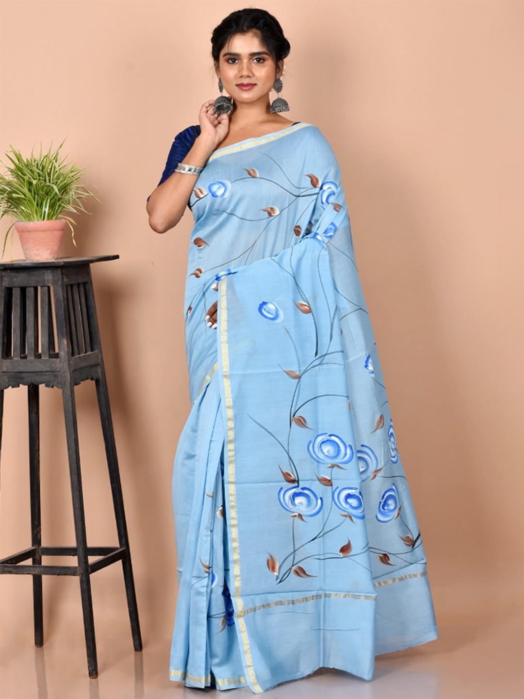 

AllSilks Blue & Brown Floral Zari Silk Blend Chanderi Saree
