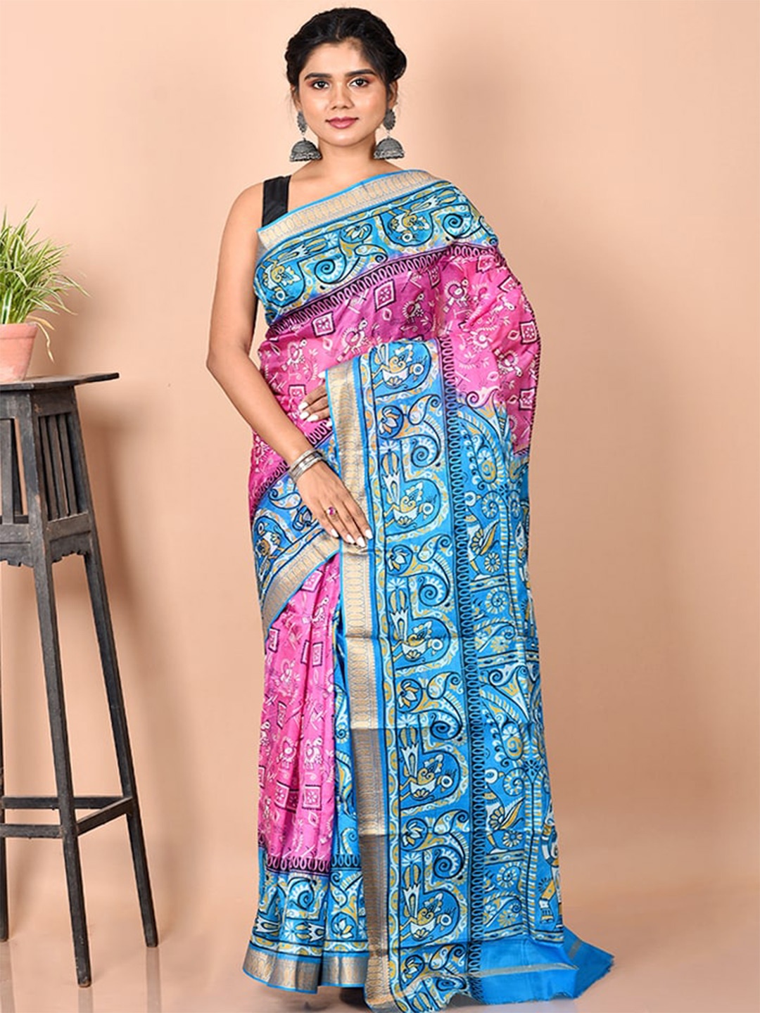 

AllSilks Pink & Blue Floral Pure Silk Murshidabad silk Saree