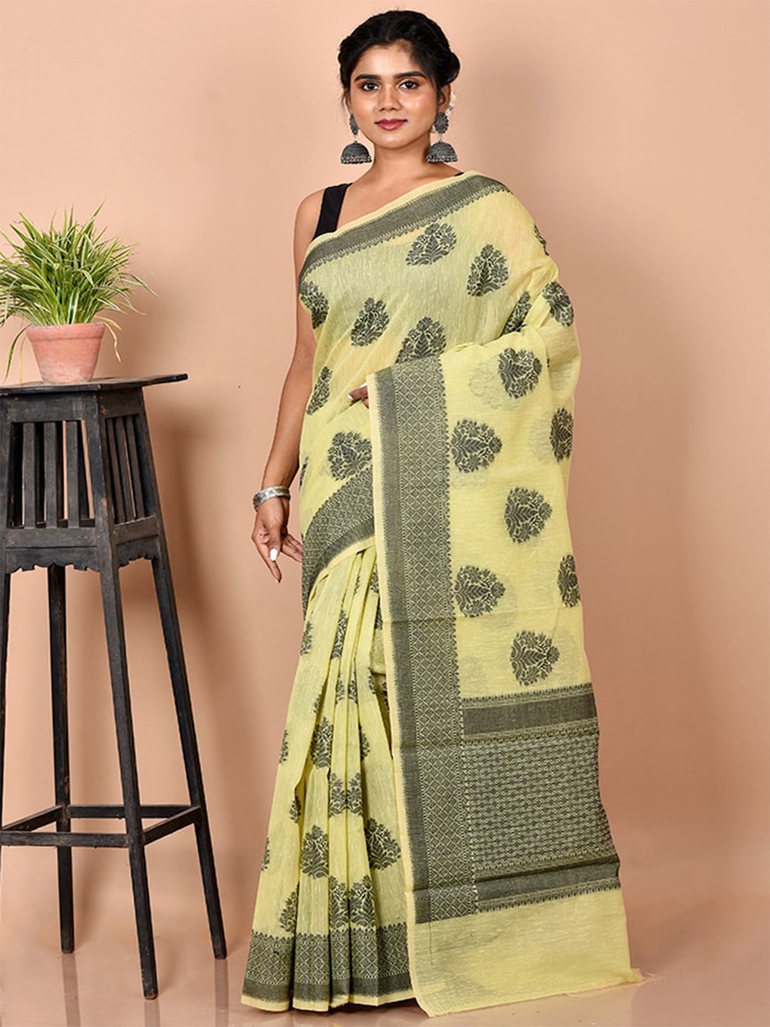 

AllSilks Lime Green & Grey Woven Design Silk Blend Saree