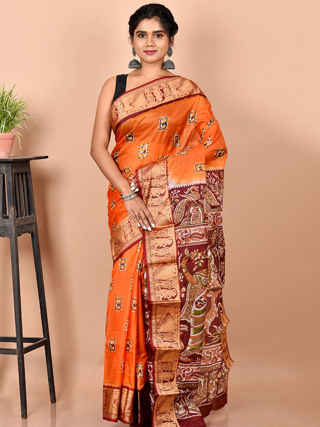 

AllSilks Orange & Maroon Ethnic Motifs Pure Silk Murshidabad silk Saree
