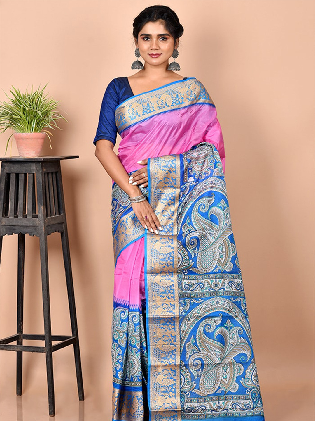 

AllSilks Pink & Blue Paisley Zari Pure Silk Murshidabad silk Saree