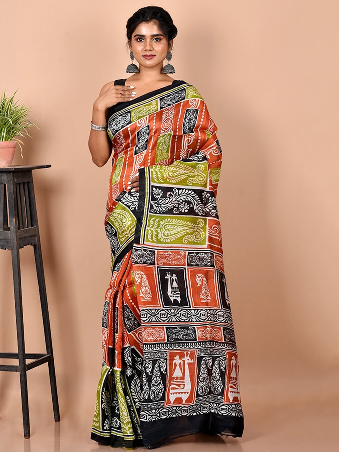 

AllSilks Orange & Black Ethnic Motifs Pure Silk Murshidabad silk Saree