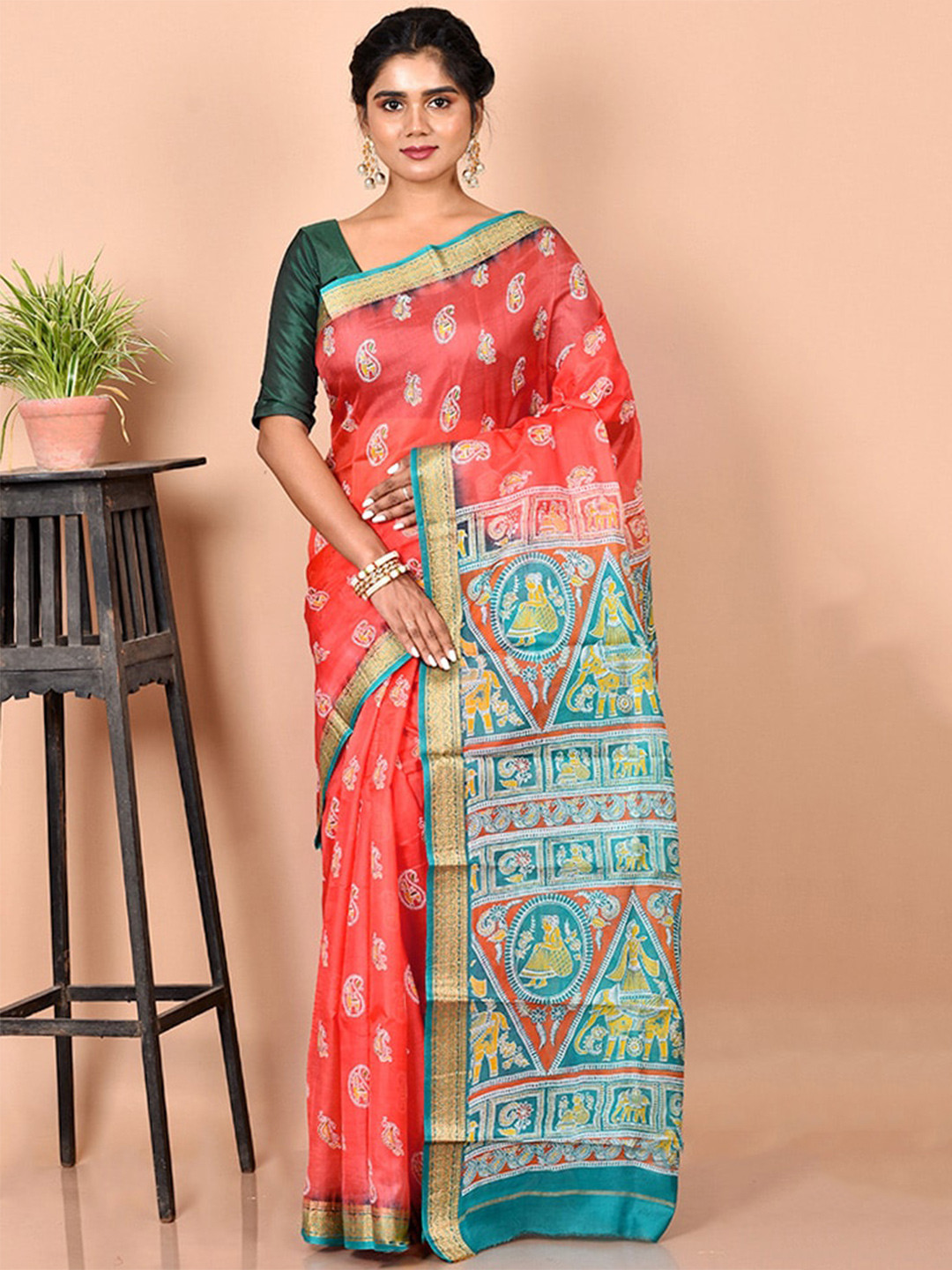 

AllSilks Peach-Coloured & Blue Paisley Pure Silk Murshidabad silk Saree