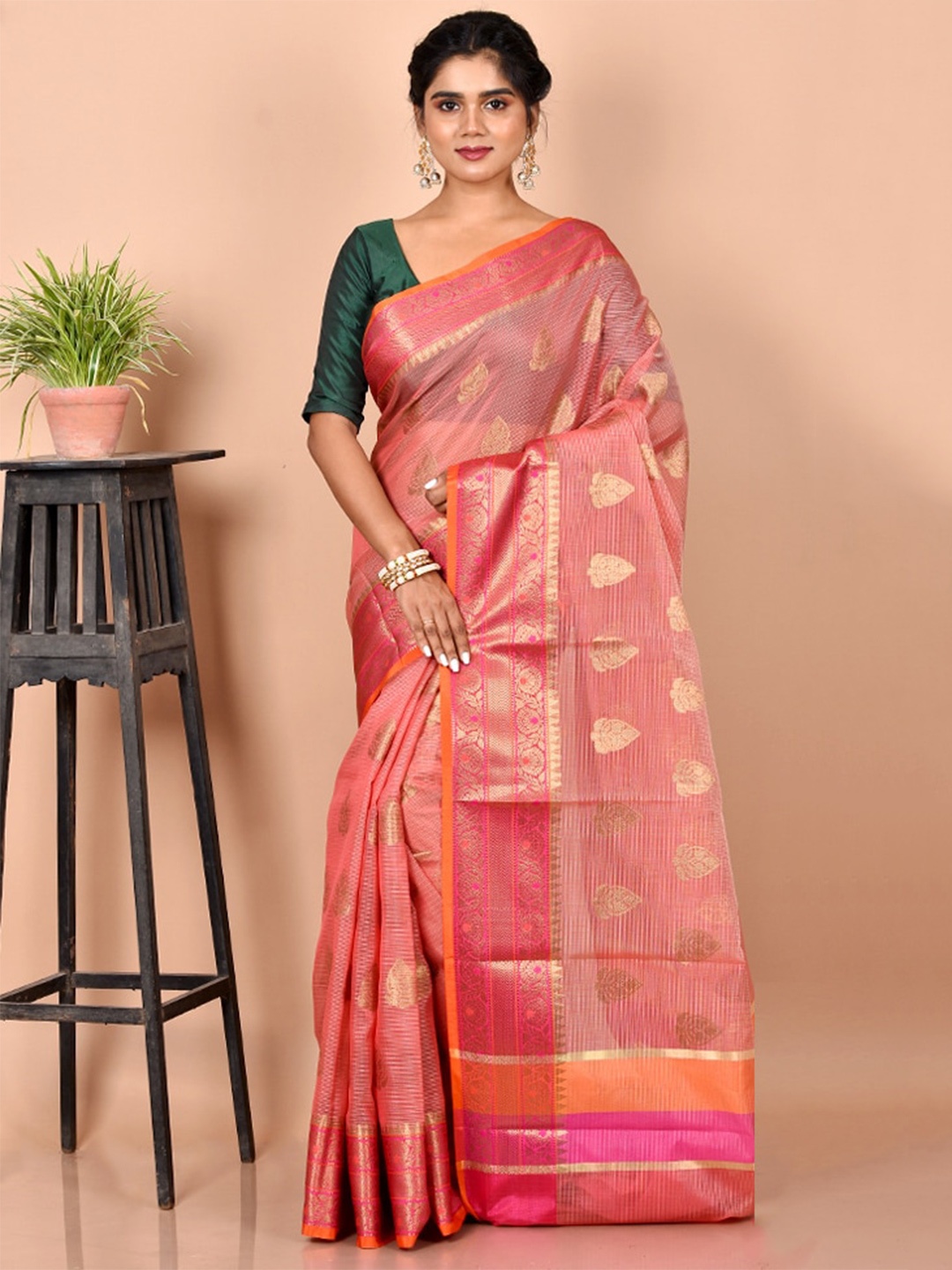 

AllSilks Pink & Gold-Toned Woven Design Zari Pure Cotton Saree