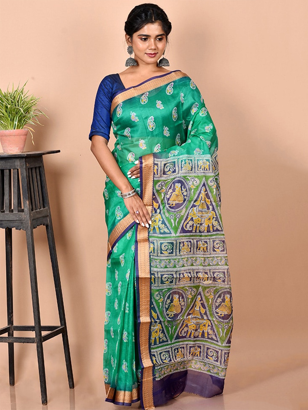 

AllSilks Green & Gold-Toned Paisley Zari Pure Silk Murshidabad silk Saree