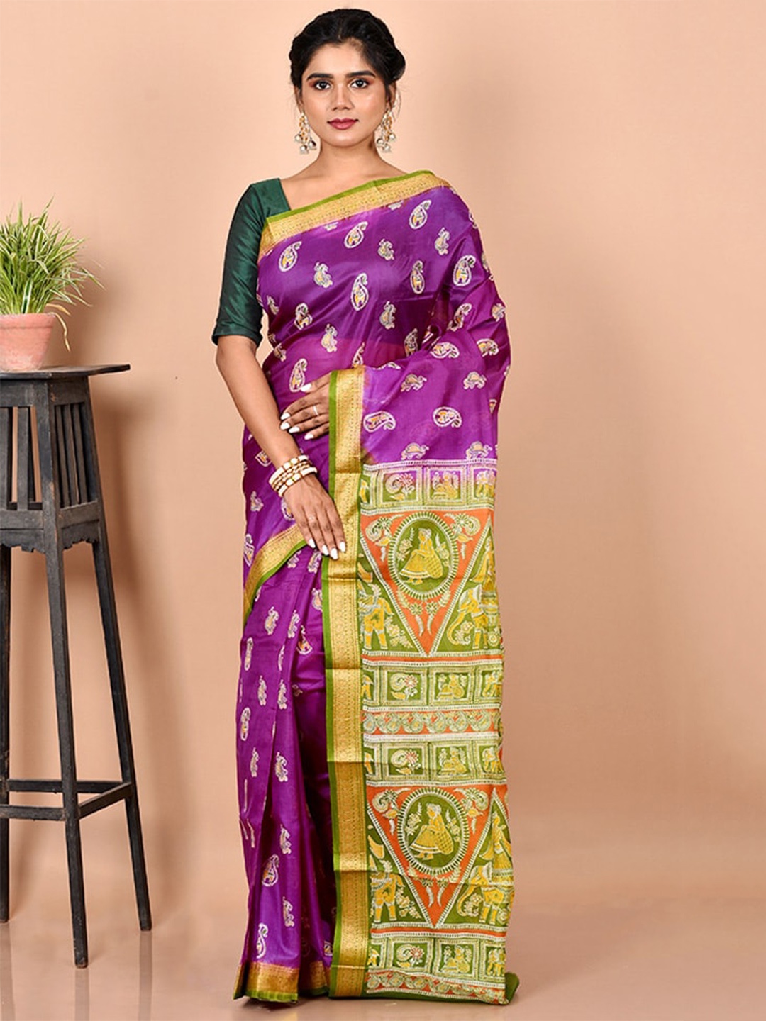 

AllSilks Purple & Green Paisley Zari Pure Silk Murshidabad silk Saree