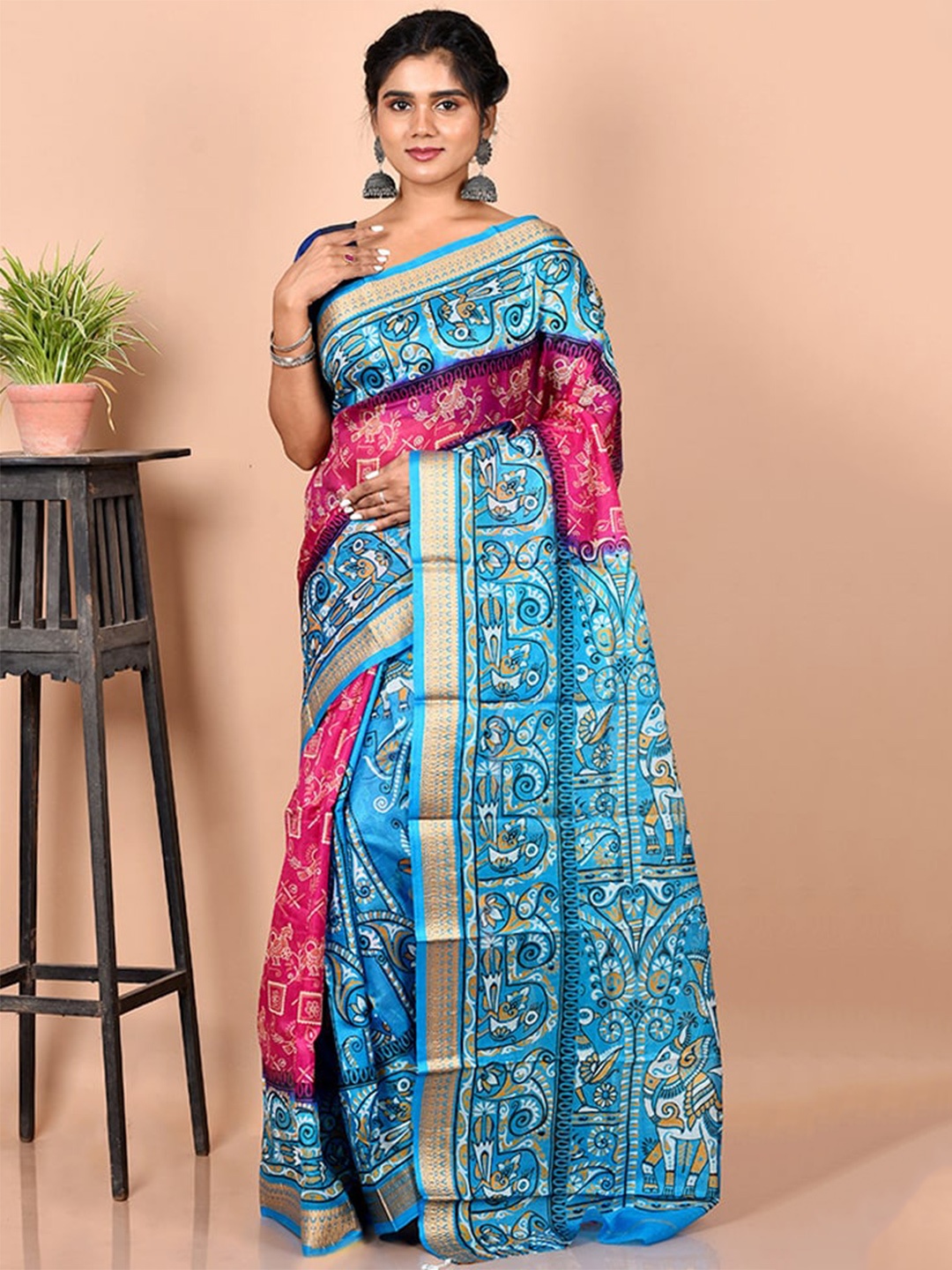 

AllSilks Pink & Blue Ethnic Motifs Zari Pure Silk Murshidabad silk Saree